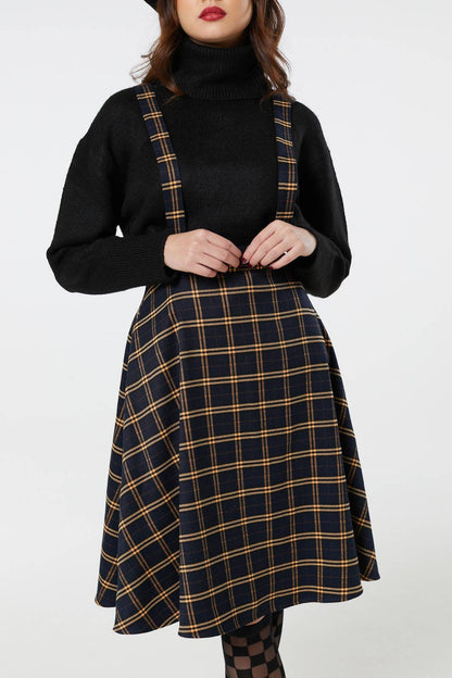 Alternative Checker Pinafore Navy&Yellow Midi Swing Skirt