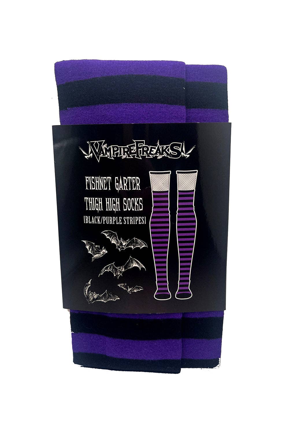 Fishnet Garter Thigh High Socks [Black/Purple]