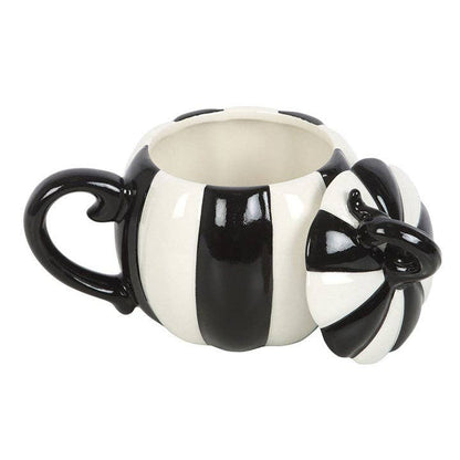Black and White Striped Lidded Halloween Pumpkin Mug
