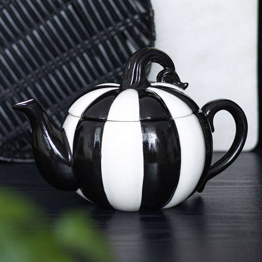 Black and White Striped Halloween Pumpkin Teapot