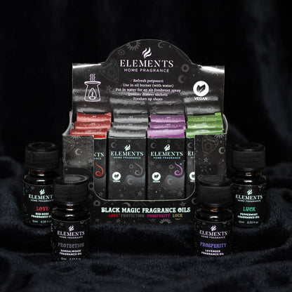 Gothic Black Magic Fragrance Oils in Display