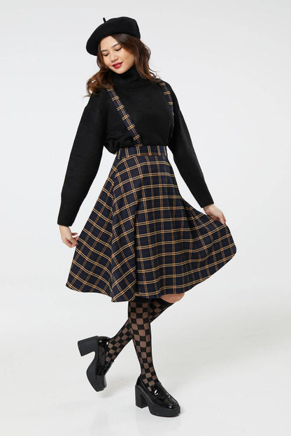 Alternative Checker Pinafore Navy&Yellow Midi Swing Skirt