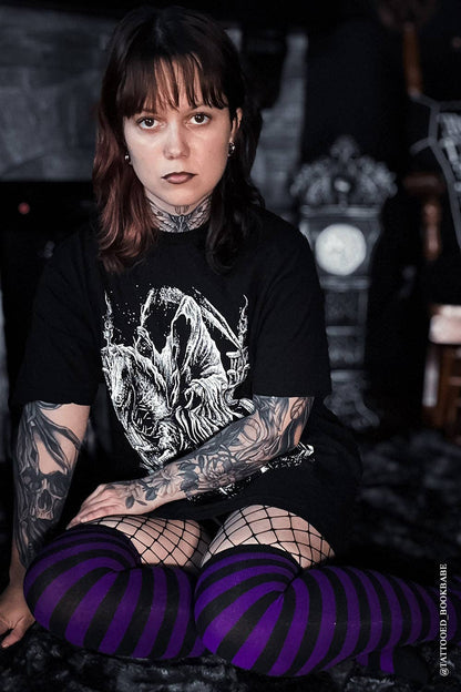 Fishnet Garter Thigh High Socks [Black/Purple]