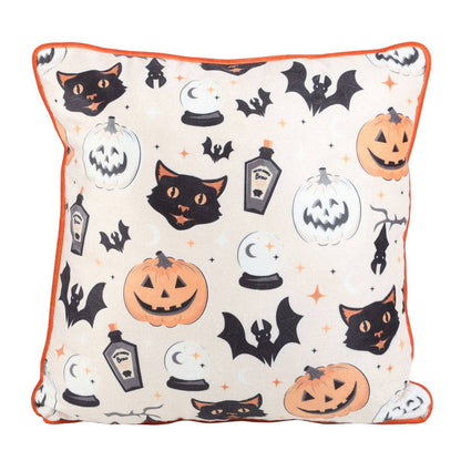 35cm Square Spooky Cat and Pumpkin Halloween Print Cushion
